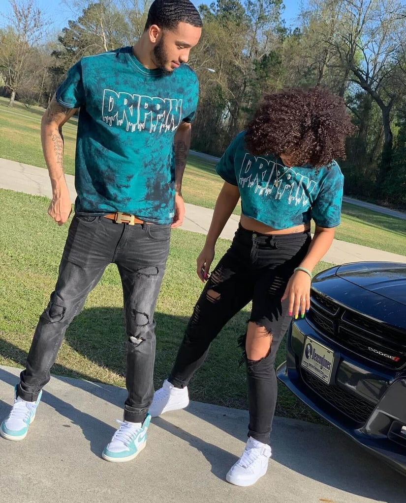 White Drippin Outline | Volcano Teal Tee - Sauce Avenue