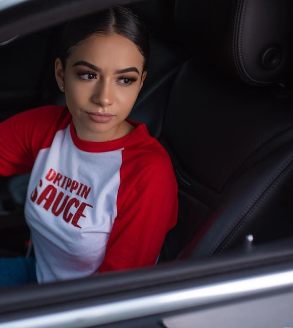 Red Glitter Drippin Sauce | Cropped White/Red Baseball Tee - Sauce Avenue