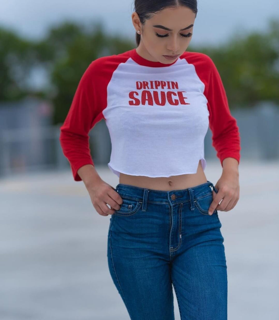 Red Glitter Drippin Sauce | Cropped White/Red Baseball Tee - Sauce Avenue