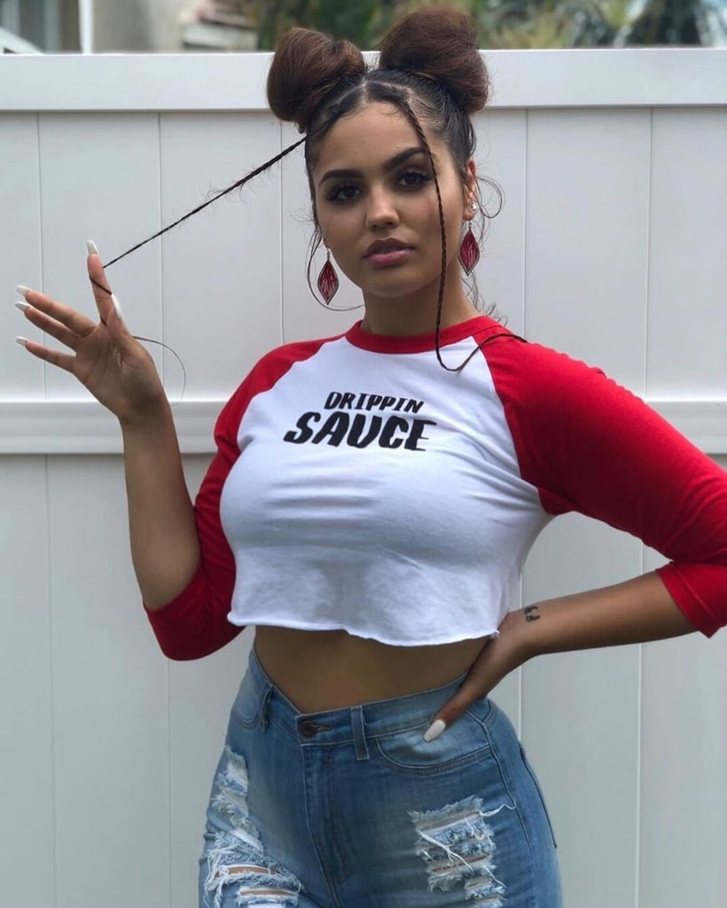 Black Drippin Sauce | Cropped White/Red Baseball Tee - Sauce Avenue