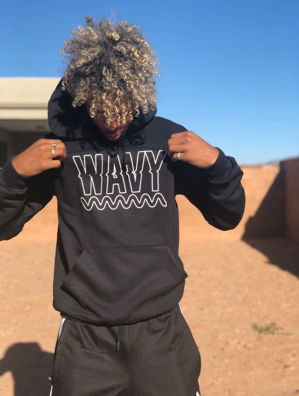 White Wavy Outline | Black Hoodie (Outline Checkered Drippin Sleeves) - Sauce Avenue