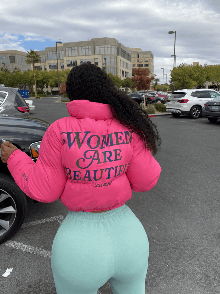 Women Are Beautiful (Holo) | Hot Pink Crop Puffer Coat