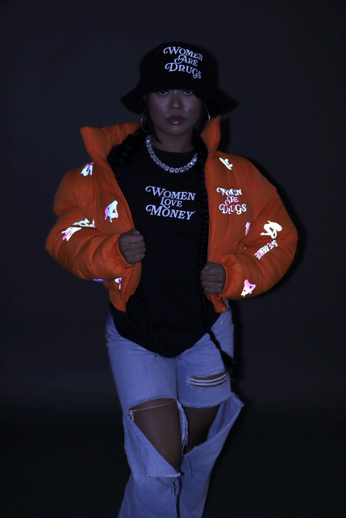 Women Are Drugs (All Over Holo) | Orange Crop Puffer Coat