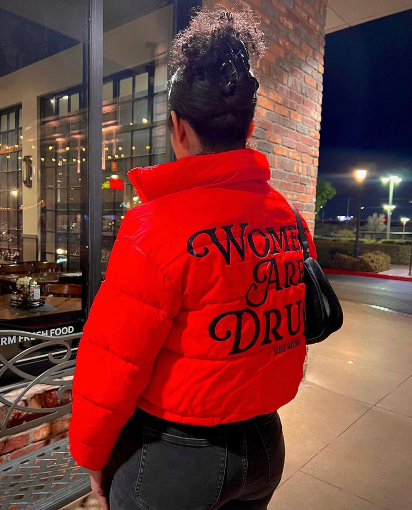 Women Are Drugs (BLK) | Red Crop Puffer Coat