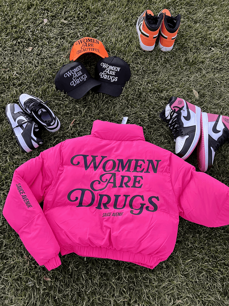 Women Are Drugs (Holographic) | Hot Pink Crop Puffer Coat