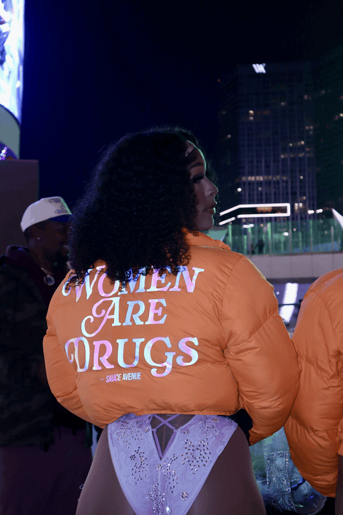 Women Are Drugs (Holographic) | Orange Crop Puffer Coat