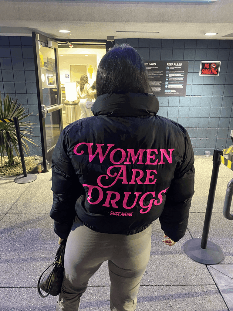 Women Are Drugs (Neon PK) | Black Crop Puffer Coat
