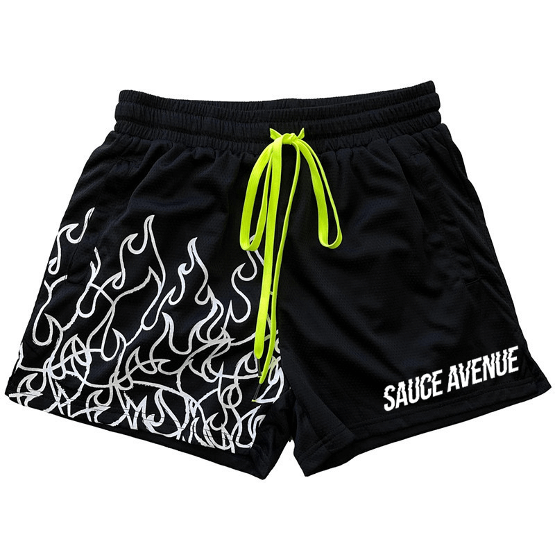 SA (WH) | Black w/White Flame Mesh Shorts