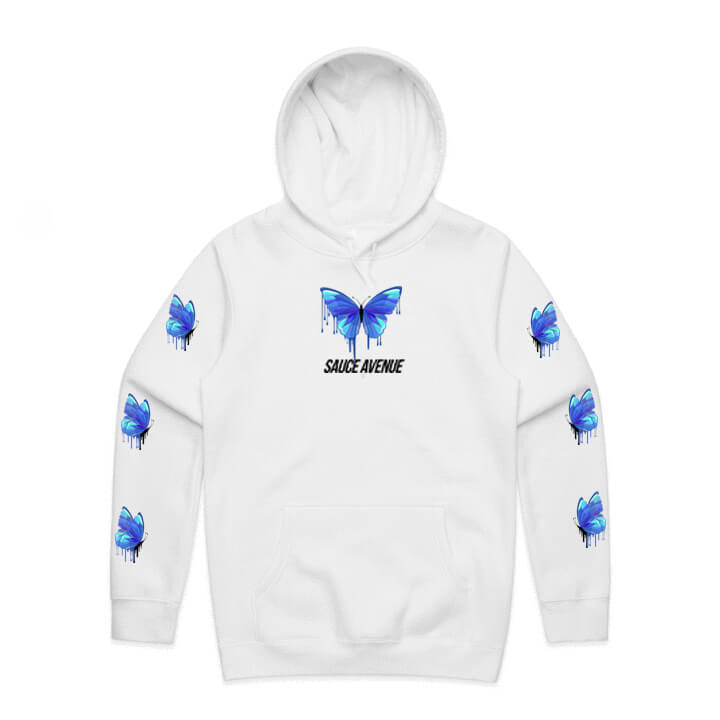 Light Blue Peace Butterfly Drip | White Hoodie (Sleeves) - Sauce Avenue