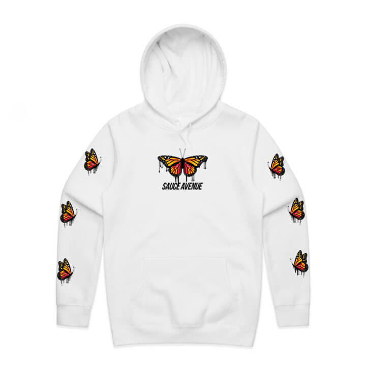 Orange Warmth Butterfly Drip | White Hoodie (Sleeves) - Sauce Avenue