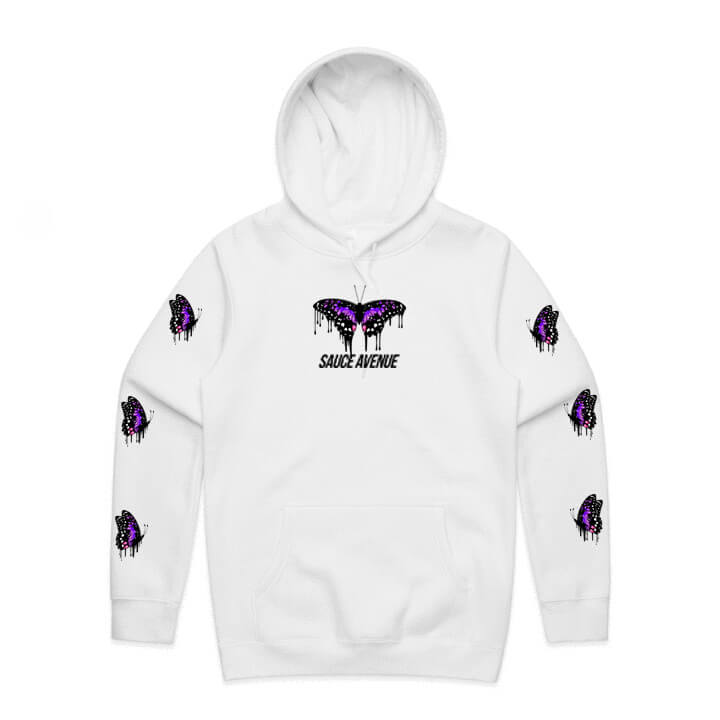 Purple Royalty Butterfly Drip | White Hoodie (Sleeves) - Sauce Avenue