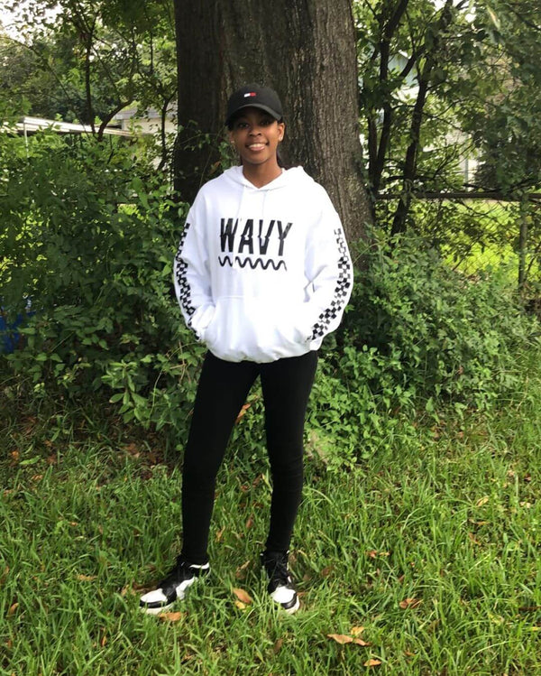 Black Wavy | White Hoodie (Solid Checkered Drippin Sleeve) - Sauce Avenue