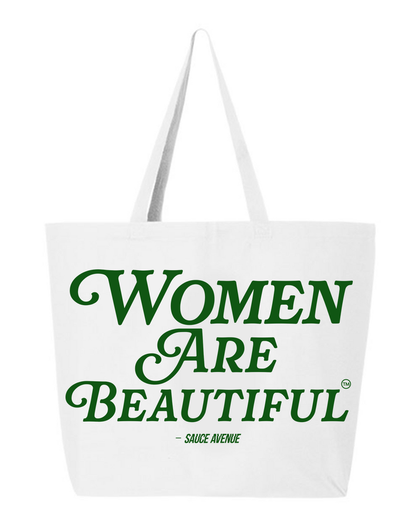 Women Are Beautiful | White Jumbo Tote - Green - Sauce Avenue
