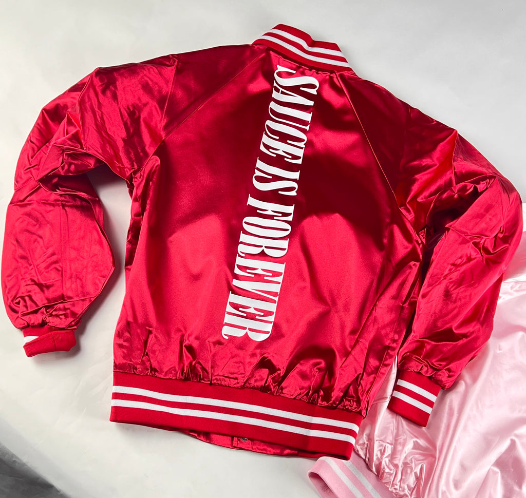 White Sauce Is Forever | Red/White Satin Jacket - Sauce Avenue