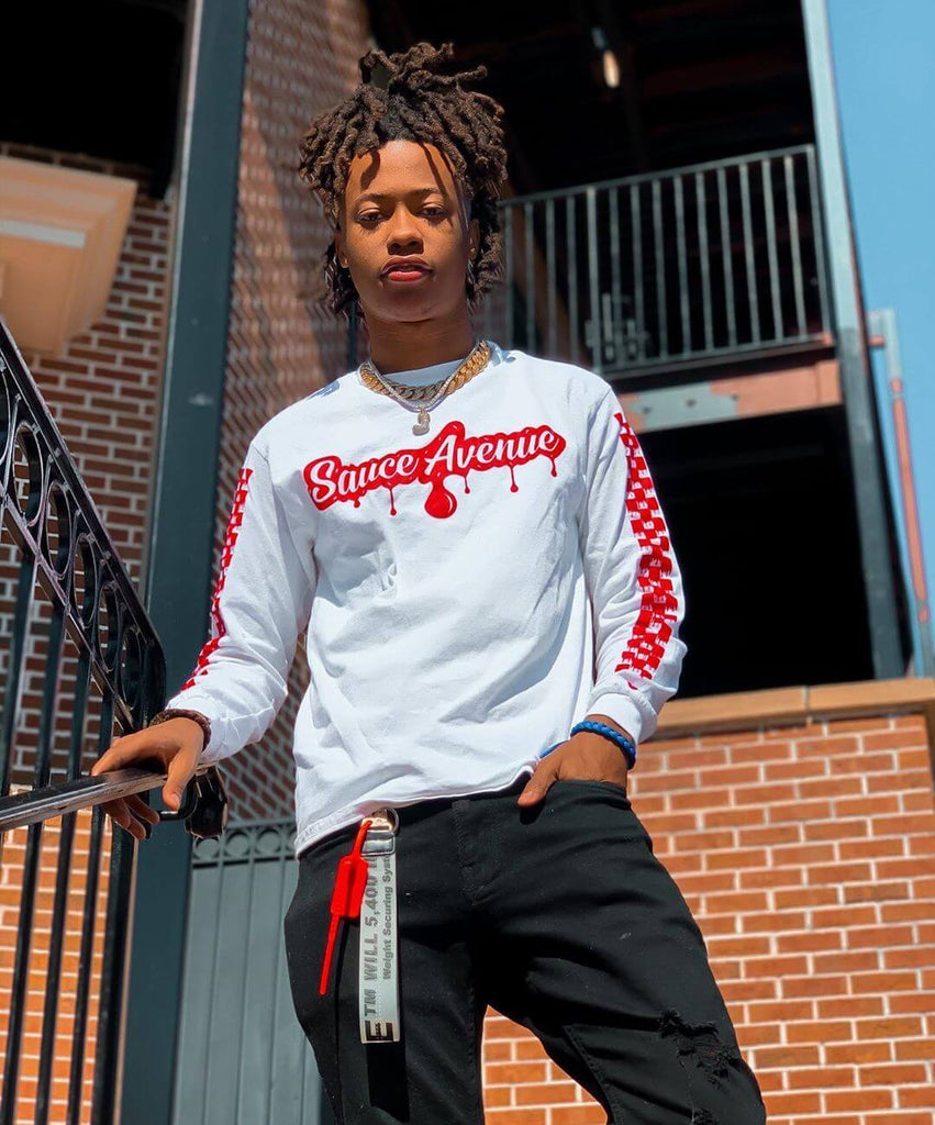 Red SA Drip | White Long Sleeve Tee (Solid Checkered Sleeves) - Sauce Avenue