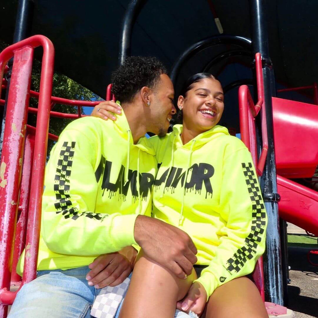 Black Flavor | Neon Yellow Hoodie (Solid Checkered Drippin Sleeves) - Sauce Avenue
