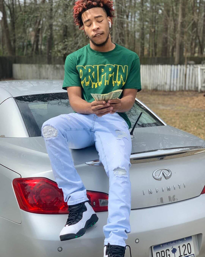 Yellow Outline Drippin | Green Tee - Sauce Avenue