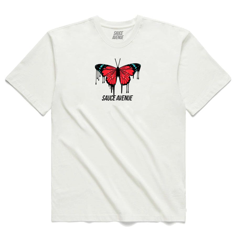 Red Passion Butterfly Drip | White Tee - Sauce Avenue
